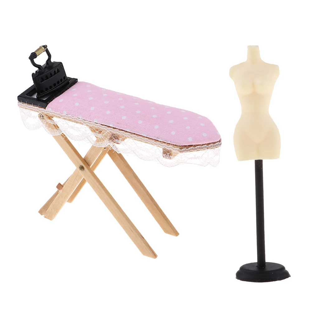 1:12 Dollhouse Miniature Doll Display Stand & Wooden Ironing Board Table with Vintage Metal Room Decor Laundry Room Furniture
