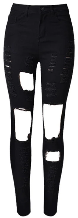 Рваные джинсы для женщин, брюки с высокой талией, брюки с дырками, обтягивающие женские белые черные брюки, карандаш, Pantalon Femme - Цвет: Черный