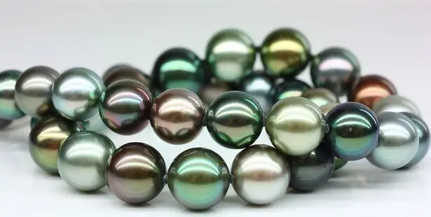 

18"10-11mm Tahitian genuine black peacock green multicolor round pearl necklace