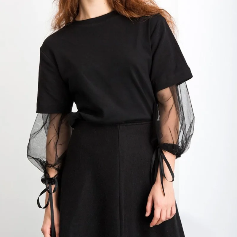 

LANMREM 2019 New Summer Woman Fashion Mesh Patchwork Pullover Round Collar T-shirt Black Female Short Sleeve Casual Tops BA39501