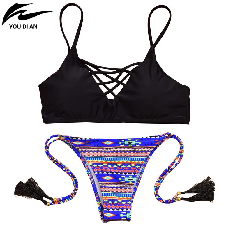Summer New Style Sexy Micro Bikini Brazilian Tassel Printed Bottom Top Solid Black Swimming Suit