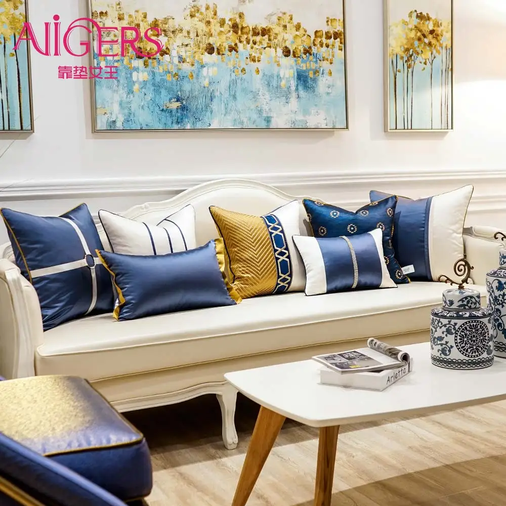 

Avigers Luxury Patchwork Embroidered Blue White Striped Modern Home Decorative Throw Pillow Cases Square Cushion Covers