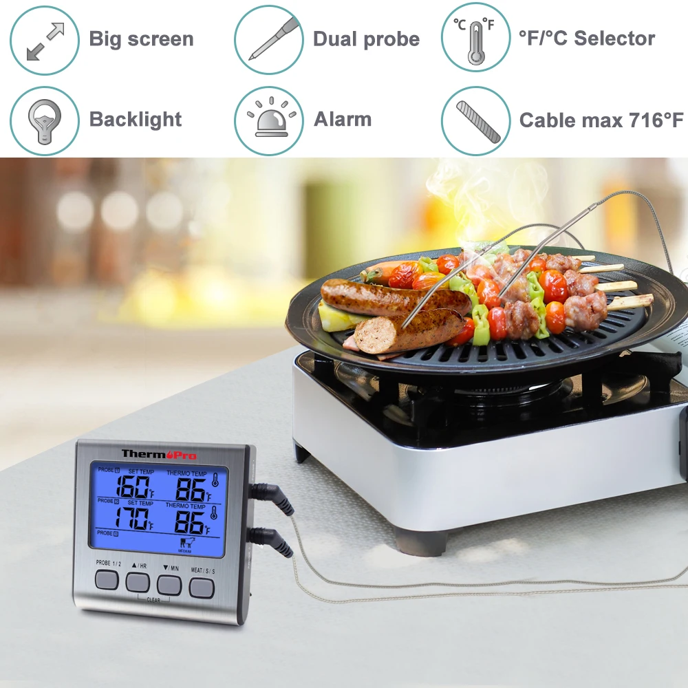 ThermoPro TP17 двойной зонды цифровой на открытом воздухе термометр для мяса Пособия по кулинарии термометр для печи барбекю с большой ЖК-дисплей Экран для Кухня