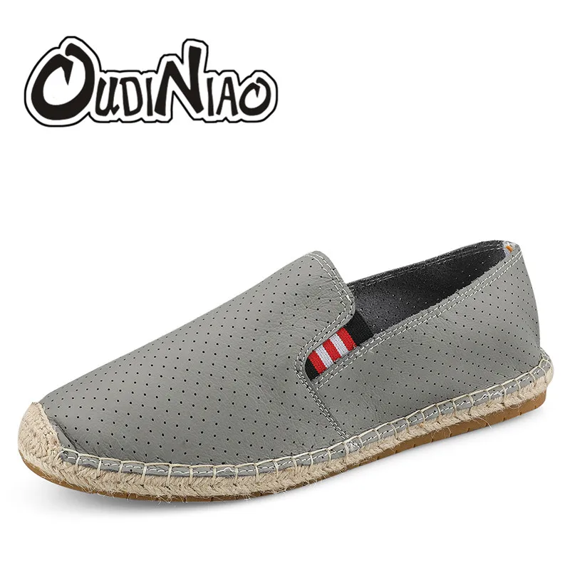 

OUDINIAO Hemp Wrap Soft Rubber Sole Mens Shoes Split Leather Espadrilles Men Cut Outs Shoes Men Breathable Men's Loafers Slip On