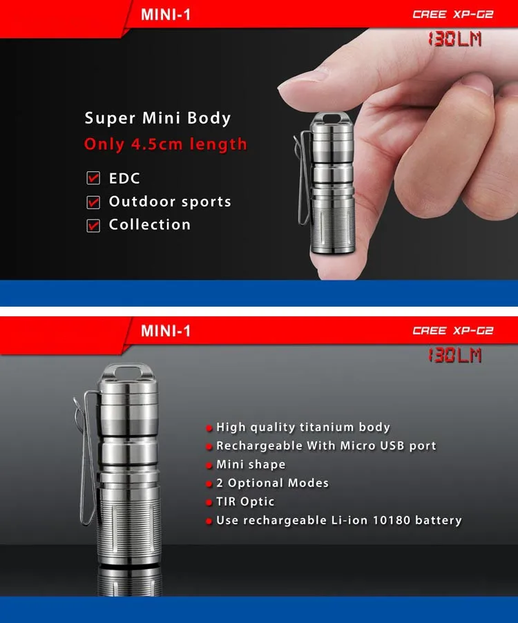 

Jiguoor MINI-1 Super Mini Powerful and Rechargable Cree XP-G2 LED Led Flashlight Titanium Keychain by 10180 Battery