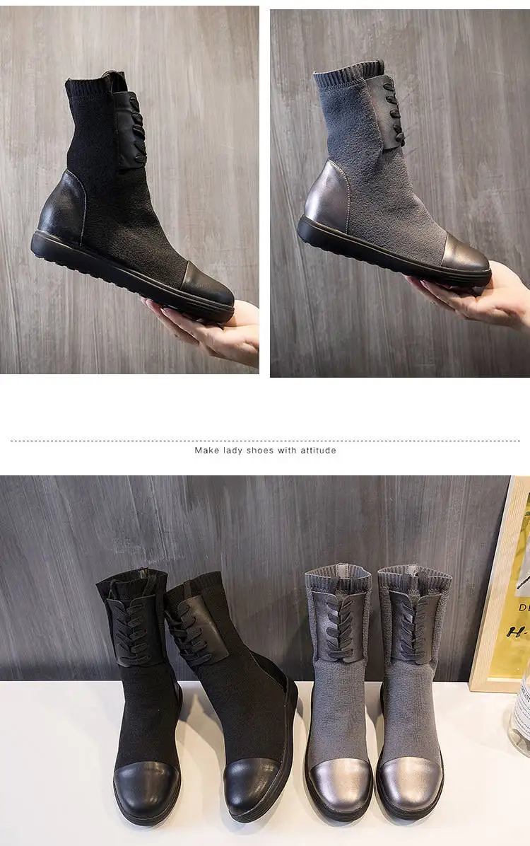 2018 Autumn And Winter Boots Women's Leather Increased Thick Bottom Elastic Boots Med-HeelFashion Winter Ankle Boots WomenM8D156 (17)