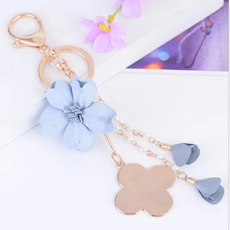 

2017 New Gold Color Cloth Flowers Keychain Clover Key Holder Tassel Keyring Handbag Car Accessories Jewelry Pendant For Women