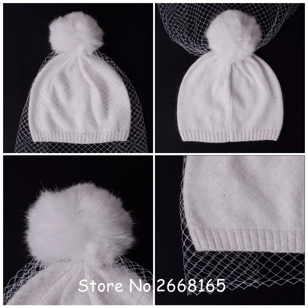 Элегантный стиль леди восстановление древних способов марлевые покрытые лицо шляпа с натуральным кроличьим мехом мяч шерсть однотонная шляпа зимняя вязаная шапка