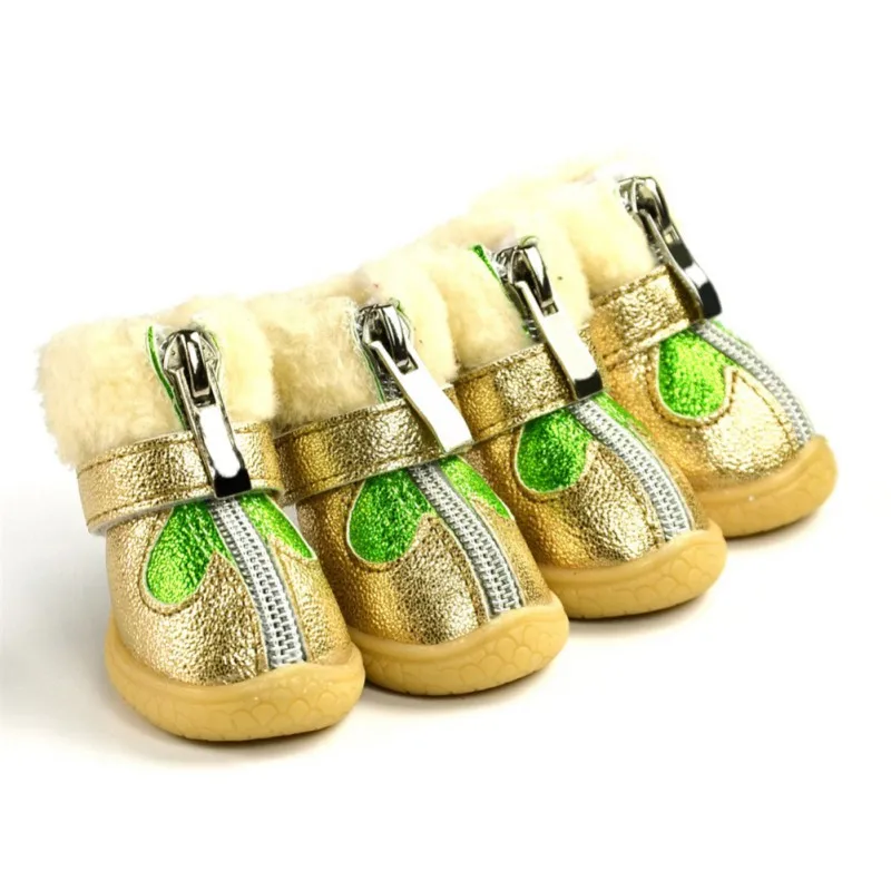 Теплая ПУ Светоотражающая водонепроницаемая кожаная обувь для собак для маленьких и средних собак, щенков, осенне-зимняя противоскользящая обувь - Цвет: Gold