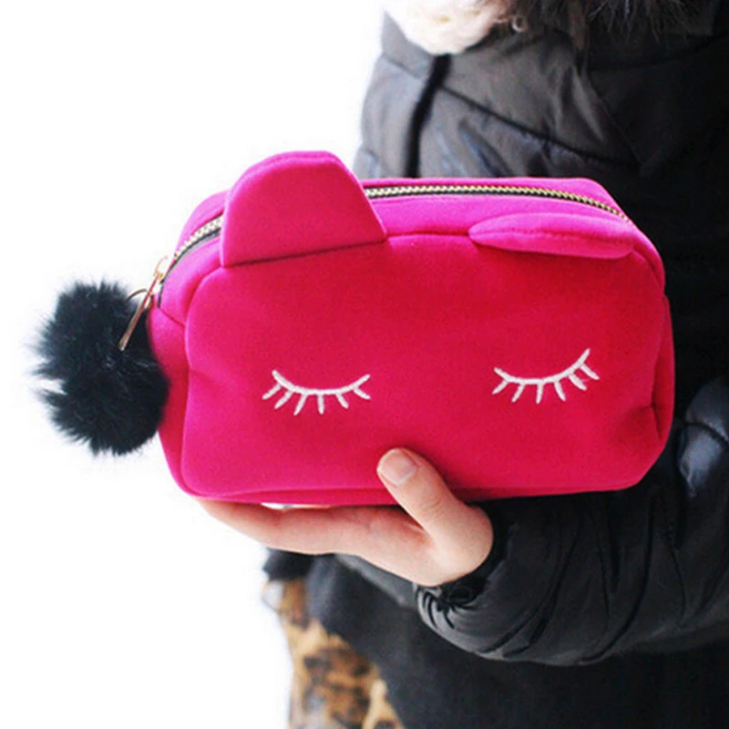 Litthing لطيف القط حقيبة مستحضرات التجميل النساء Necessaire المكياج حقيبة السفر المحمولة الجمال الحقيبة الفانيلا أدوات الزينة أطقم للنساء الفتيات