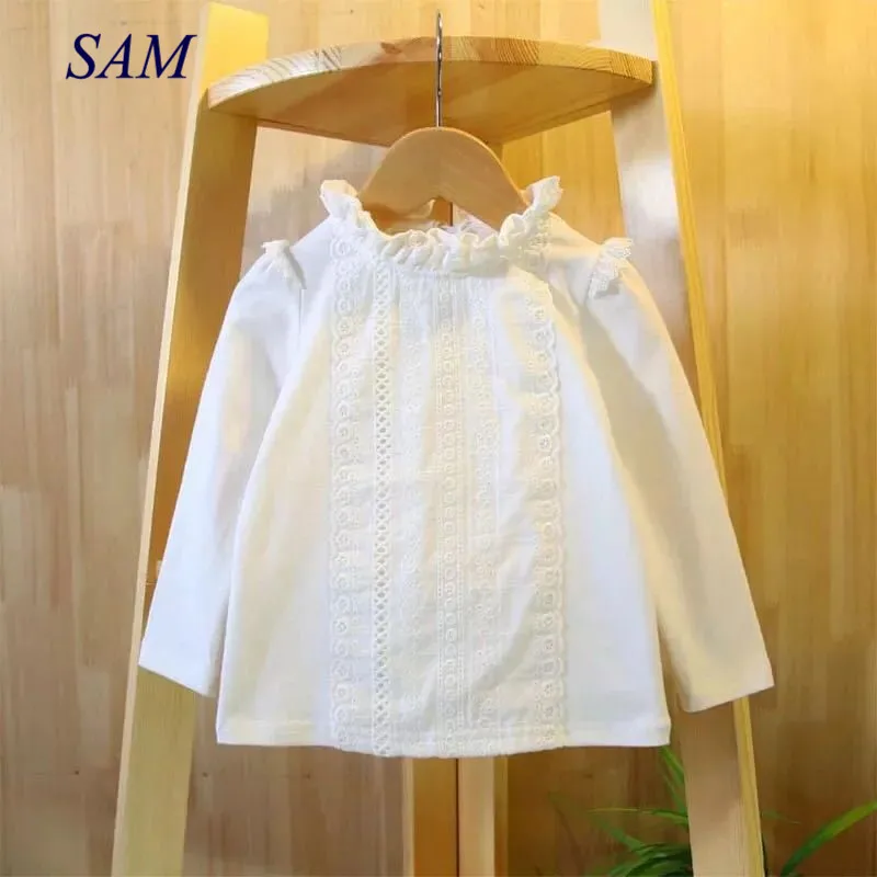 

2019 Autumn girls bottoming shirt cotton female baby long-sleeved T-shirt small stand collar lace tops clothes