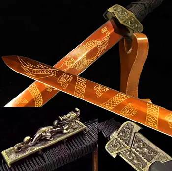

Hand-Forging Red 1095 High Carbon Steel Gilt Dragon Blade Chinese KungFu Dao Sword Double Edge Sharp Han Tang Battle Jian Saber