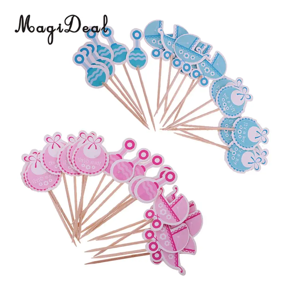 Pack of 36pcs Baby Shower Cupcake Picks Christening Baby Carriage Bib Rattle Cupcake Toppers It's a Girl Boy Party Accessories