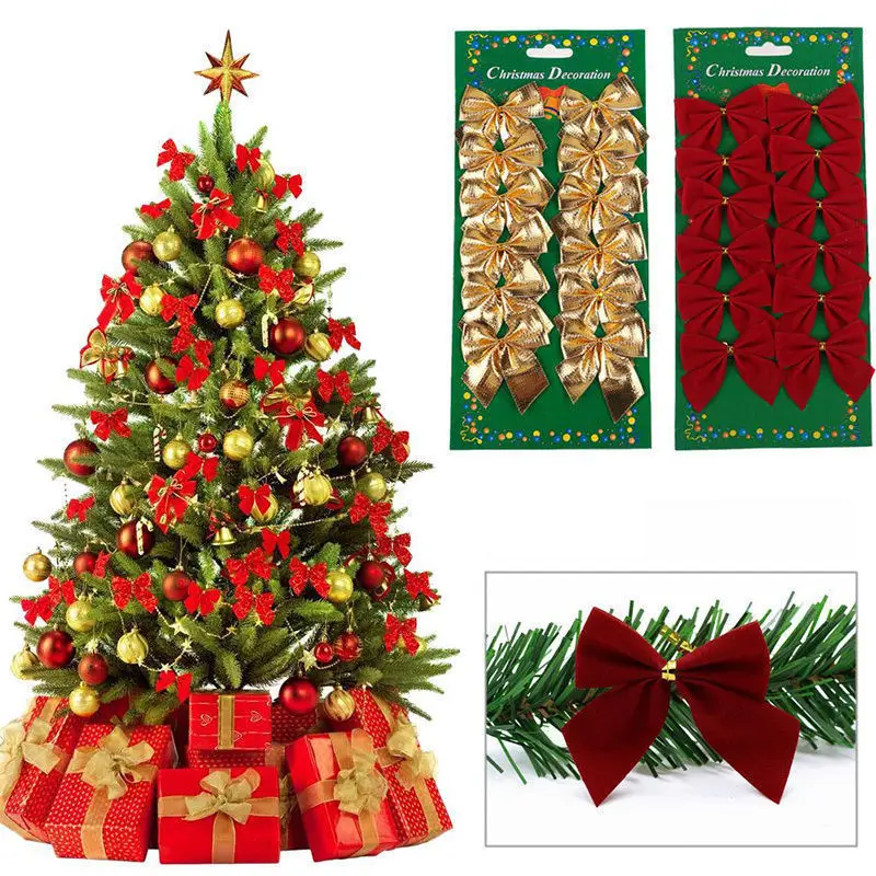 12 шт./пакет, рождественские украшения с бантами, Рождественская елка, Красное золото, бант-узелки, Рождественская Домашняя вечеринка, Подарочная коробка для украшения, сувениры