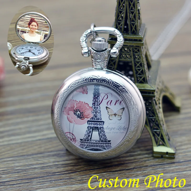 

2018 New Style PARIS Eiffel Tower silver Necklace Pocket Watch Men Women Girl boy DIY personal Photo Jewelry Pocket Watches for