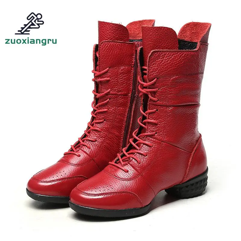 

New Leather Shoes Women's Dance Soft Bottom Winter Dancing Shoes Breathable Modern Sailor Dance Square Dance Boots