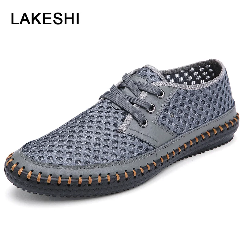 

LAKESHI Men Shoes Mesh Summer Flat Shoes Men Loafers Lace-Up Breathable Men Casual Shoes Walking Soft Male Footwear