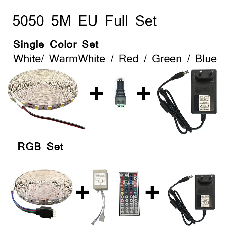 SMD 5050 RGB Светодиодные ленты света 5 M СВЕТОДИОДНЫЙ свет rgb светодиодный s лента Гибкая диода ленты контроллер DC 12 V адаптер Комплект