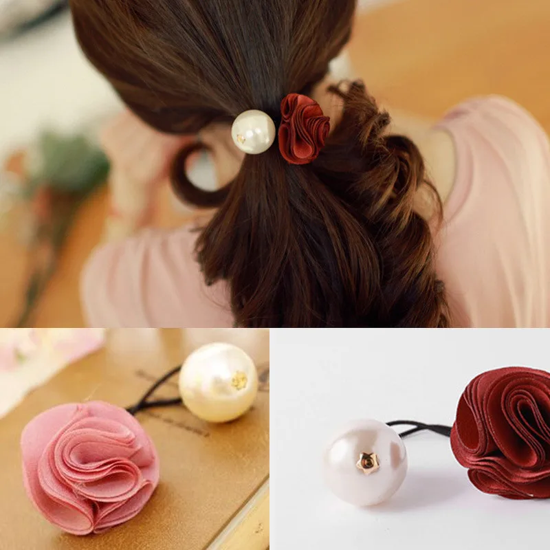 

OPPOHERE Fashion style Women beautiful Pearl Cloth Hair Rope with beautiful Flower Elastic Ponytail Hair accessories
