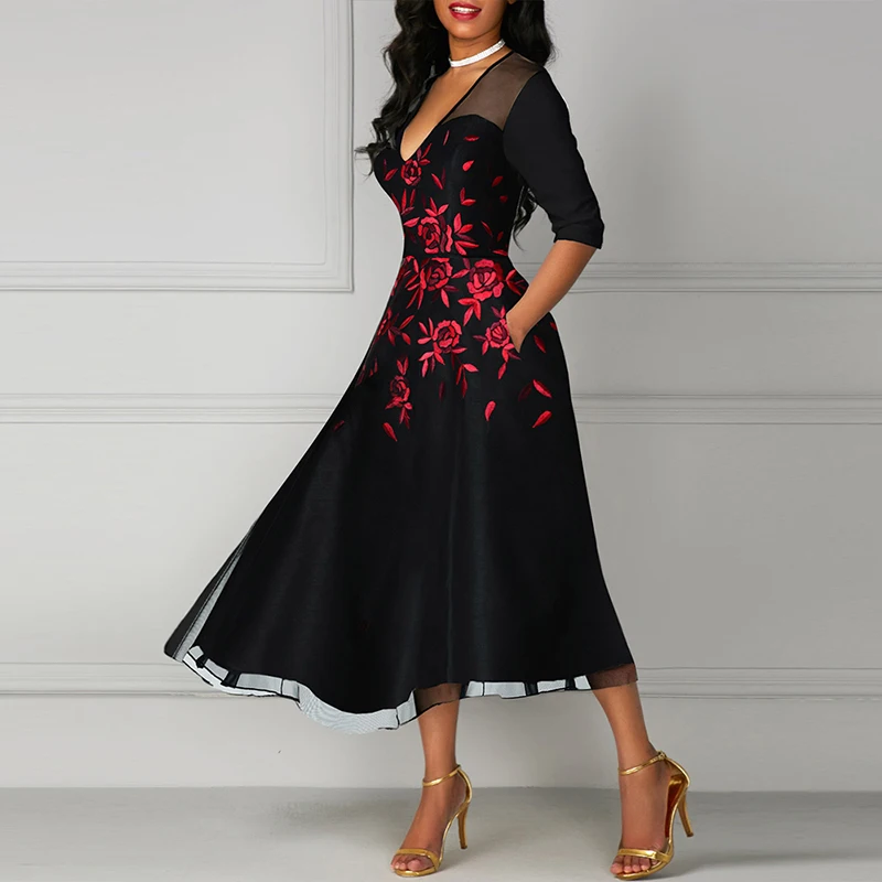 Женское платье с цветочным принтом, половина рукава, высокая талия, линия, лето-осень, винтажные платья, модная женская уличная одежда, Vestido, v-образный вырез, H40