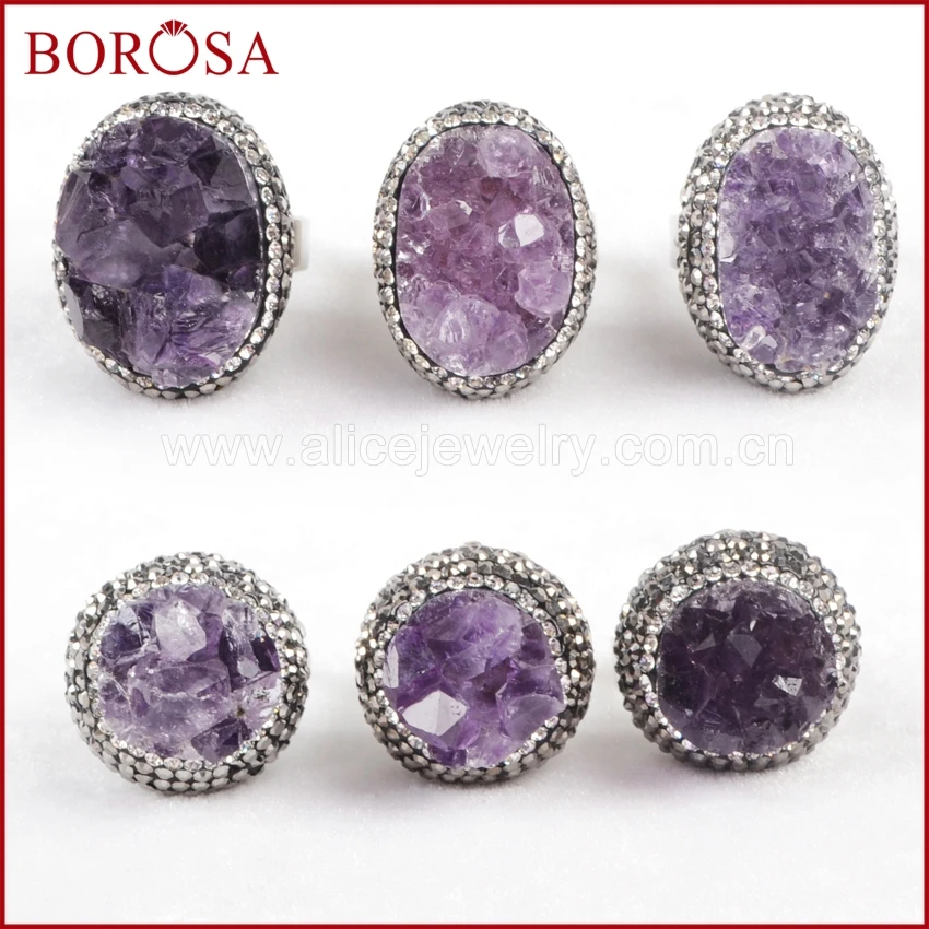 

BOROSA Silver Color Rough Raw Natural Purple Crystal Quartz Stone Ring Paved Zircon Druzy Ring Gems for Women JAB258