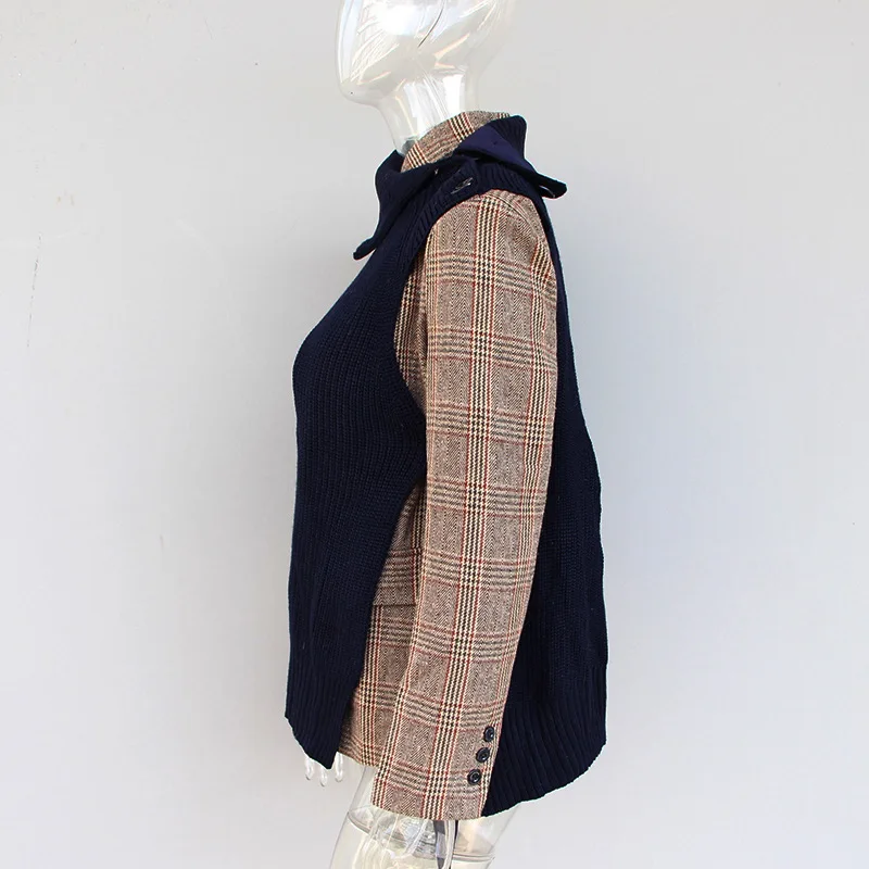 TWOTWINSTYLE лоскутное вязание плед Блейзер Пальто женское с длинным рукавом на шнуровке трикотажные пальто Топы Женская корейская мода осень
