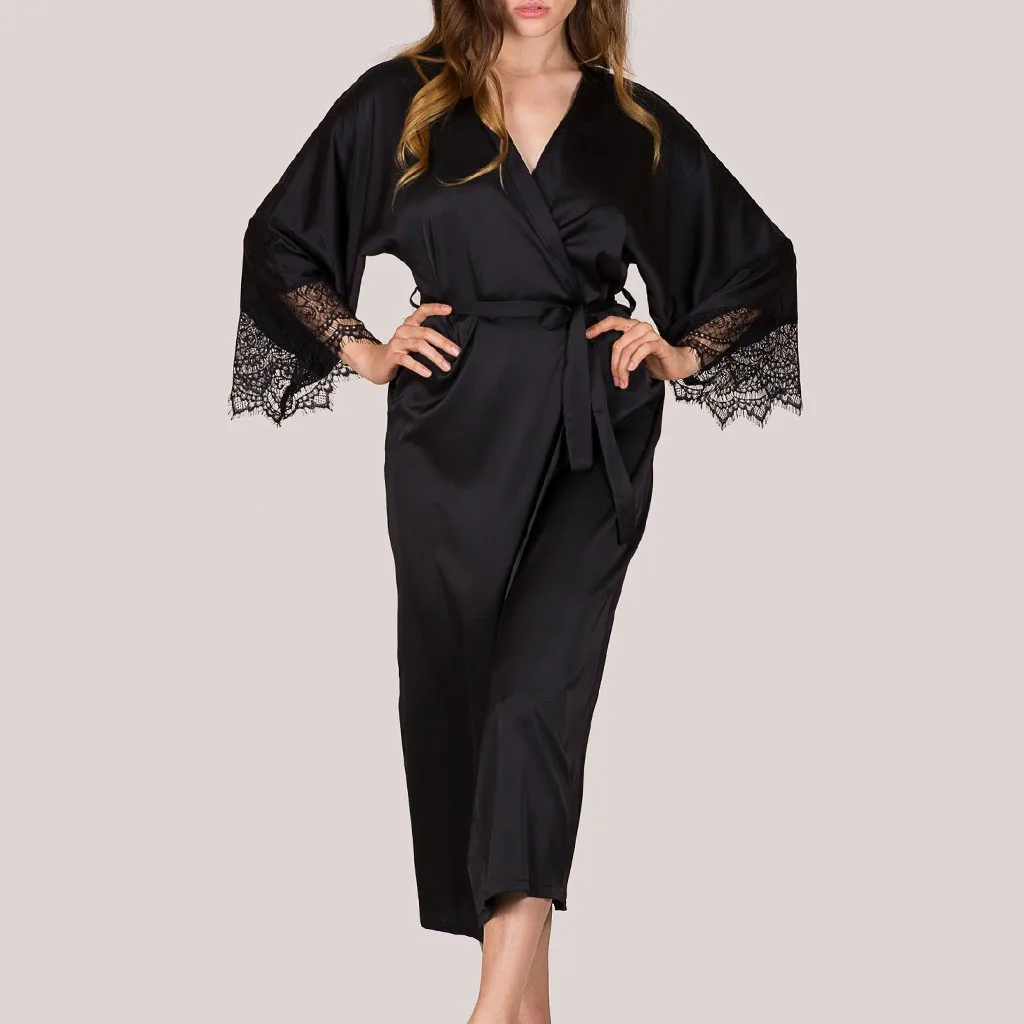 

Women Sexy Black Satin Kimono Robe Bathrobe Lingerie Sleepwear With Belt Pajamas camisola de dormir feminino peignoir femme
