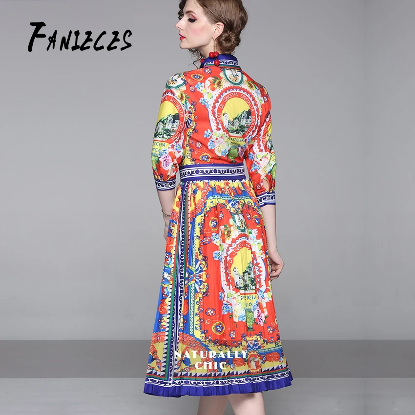 Летний халат femme vestidos, дизайнерское винтажное платье для подиума, женское высококачественное элегантное платье трапециевидной формы с принтом, до середины икры, ropa mujer