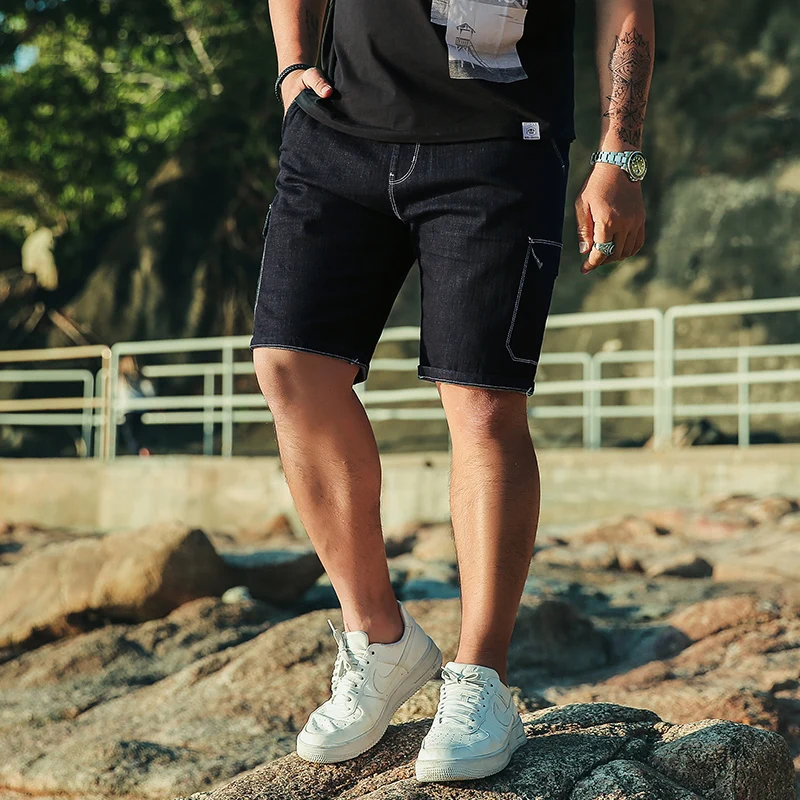 Summer Denim Shorts Male Jeans Men Jean Shorts Black Side Pocket Elastic Waist Motorcycle Denim Shorts Plus Size S-XXXXXXL