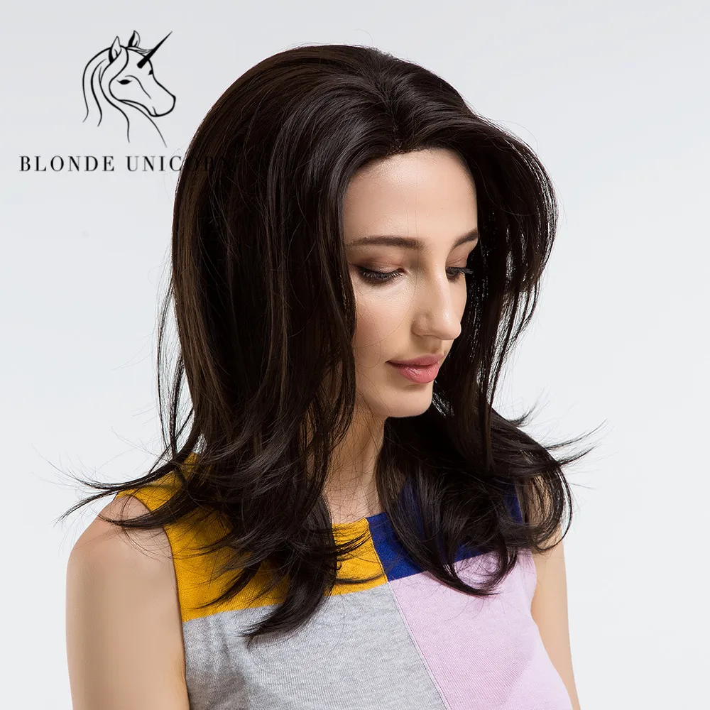 

BLONDE UNICORN Women Hair Wigs Ladies Party Daily Natural Wave Dark Brown Side Parting Synthetic None Lace Wigs with Bangs
