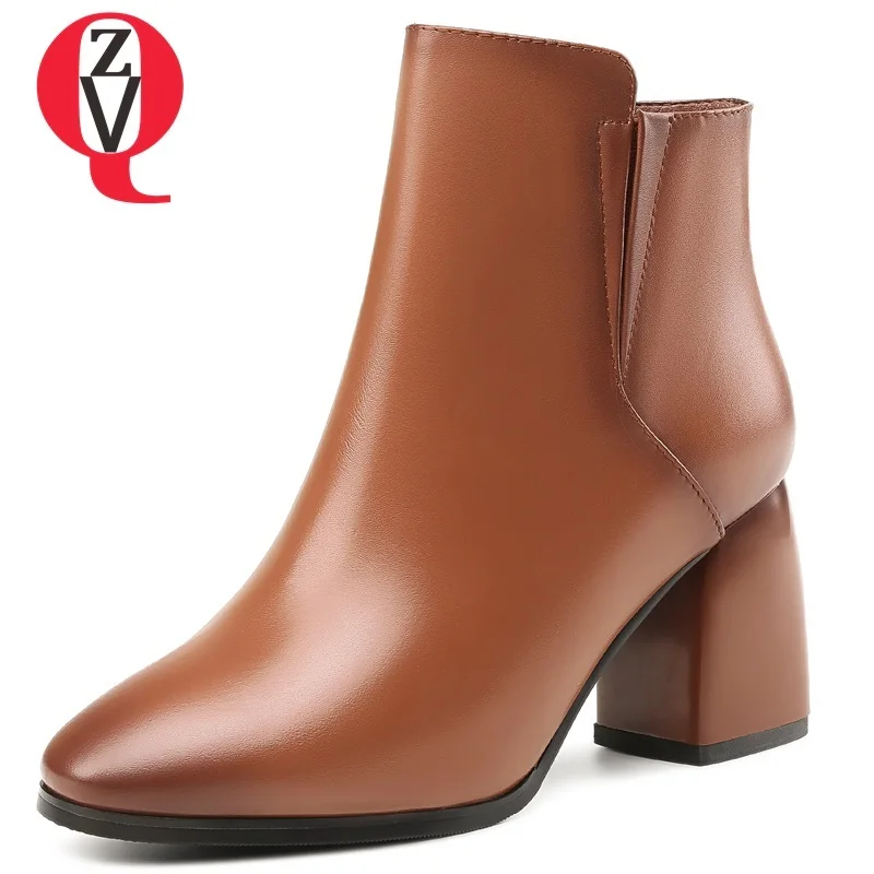 

ZVQ high quality ankle boots women soft leather winter boots comfortable warm super high square heel round toe zipper lady shoes