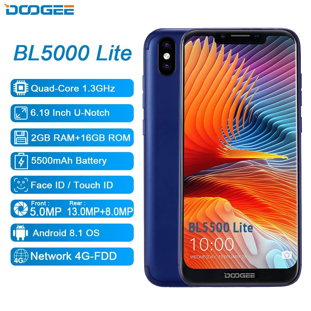 NEW U-Notch DOOGEE BL5500 Lite Smartphone 6.19 inch MTK6739 Quad Core 2GB RAM 16GB ROM 5500mAh Dual SIM 13.0MP Android 8.1 FDD