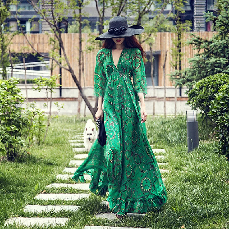 

Fashion V Neck Sexy Bohemian Beach Dresses Printed Long Sleeve Maxi Runway Dress A-Line Spring Vestido