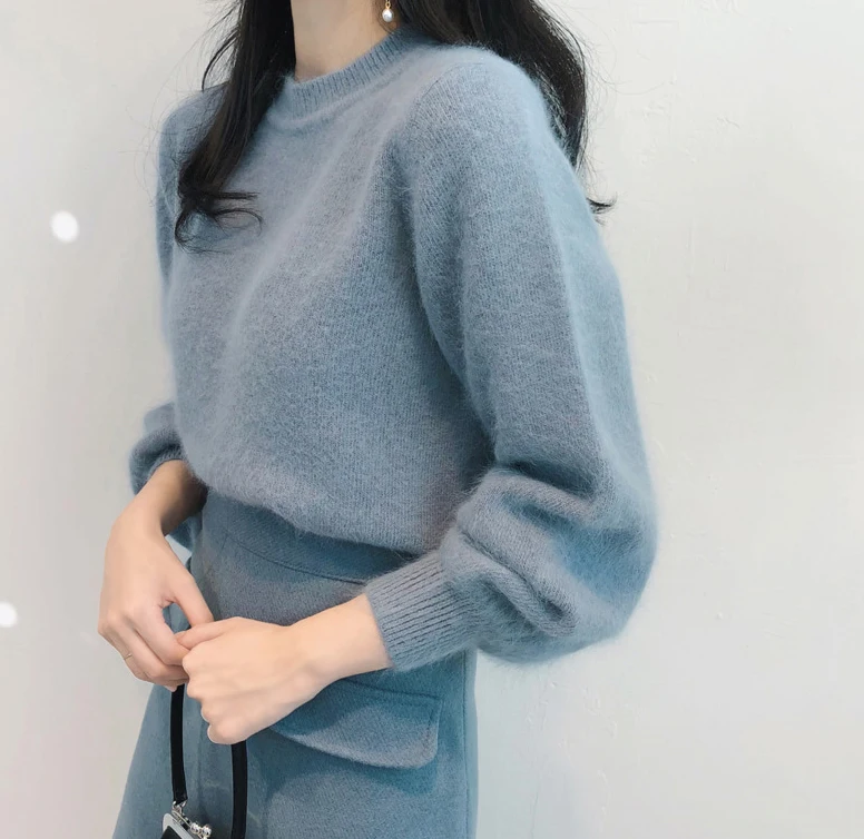 HAMALIEL Korean Autumn Winter Mink Cashmere Women Sweater Casual Pink Lantern Sleeve Knitted Soft Warm Pullovers Fashion Jumpers