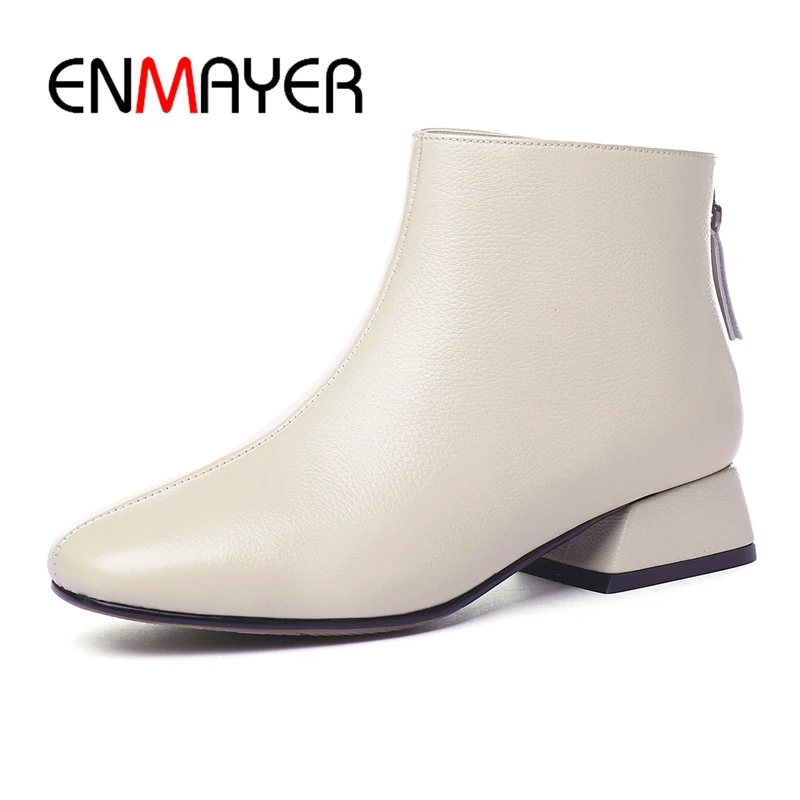 

ENMAYER Square Toe Basic Zip Genuine Leather Ankle Square Heel Shoes Woman Winter Boots Size34-43 ZYL1778