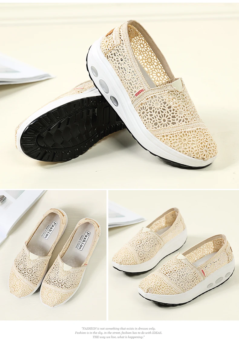 Women Flats Casual Shoes Light Weight Lace Hollow Out Thick Bottom Summer Spring Shoes Solid Color Lady Loafers Wedge Shoe 35-40