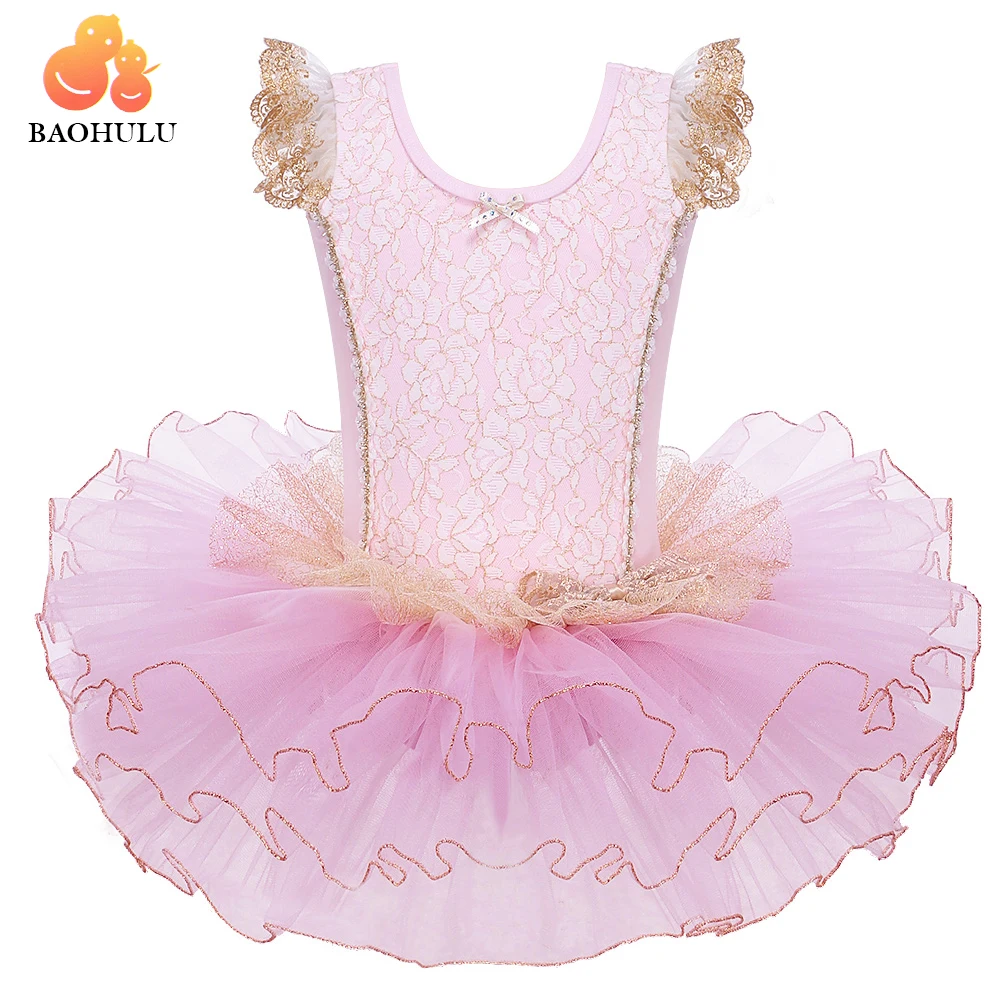 BAOHULU/детский розовый костюм с рисунком короткий рукав нарядное вечерние фатиновые балетные кружевные рейтузы для танцев; платье с юбкой-пачкой, гимнастики, юбка-пачка для девочек платье, Одежда для танцев