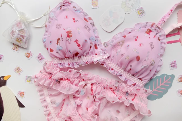 Pink Chiffon Cartoon Cute Japanese Bra & Panties Set Wirefree Soft Underwear  Sleep Intimates Set Kawaii Lolita - Bra & Brief Sets - AliExpress