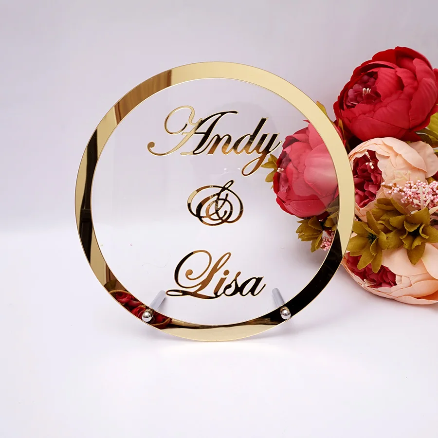 Makeup Mirror Wooden Wedding Table Cards Room Decoration Round Wedding Name Personalized Mirror Frame Acrylic Babyshower Word Sign Circle Shape Party Decor With Nail Guest Gifts