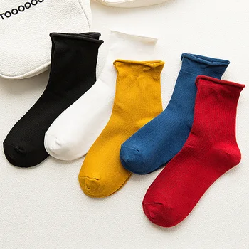 

2018 Harajuku Retro Cute Cotton Women Lady Flanging LSocks Autumn Winter In Tube Korean Japanese Pure Color