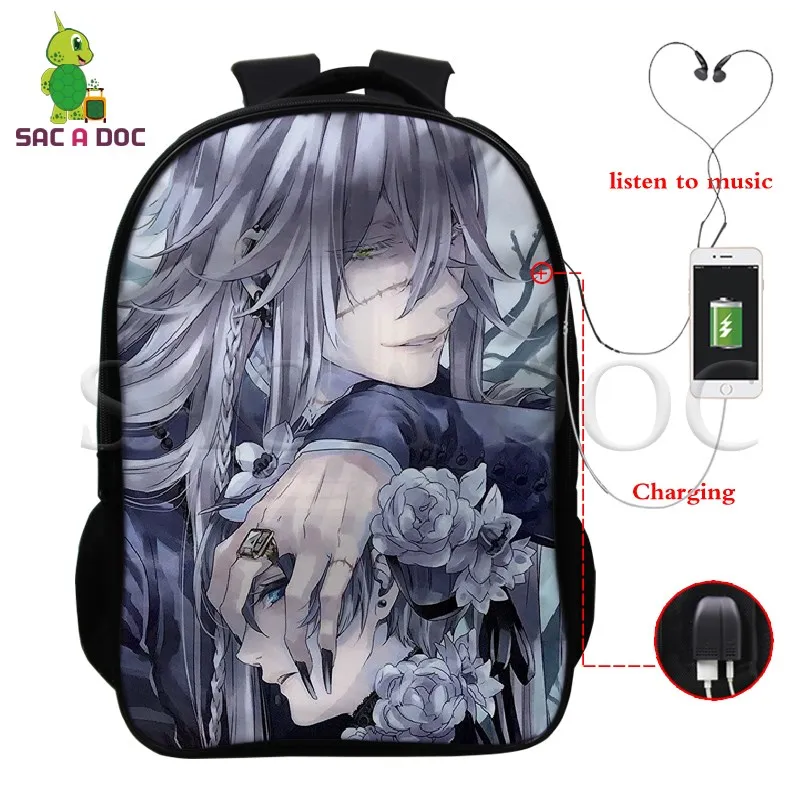 

Black Butler Ciel Sebastian Multifunction Backpack USB Charging Laptop Travel Bags for Teenagers Students School Backpack