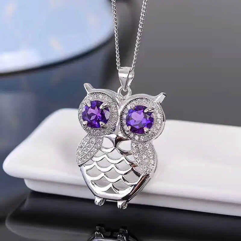 Cute owl necklace pendant inlay with 6mm natural amethyst pendant solid 925 silver owl fashion silver for girl