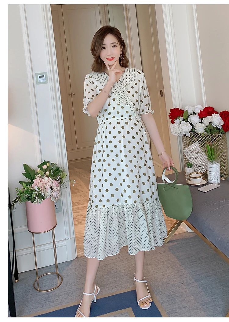 Pregnant Women Summer Chiffon Breastfeeding Dress Short Sleeve Ruffles Collar Empire Dress Maternity Polka Dot Nursing Dress