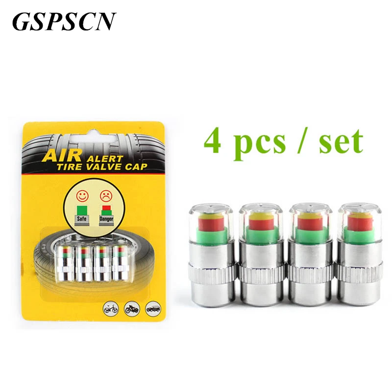 

GSPSCN 4PCS 2.4Bar Car Auto Tire Pressure Monitor Valve Stem Caps Sensor Indicator Eye Alert Diagnostic Tools Kit stainless