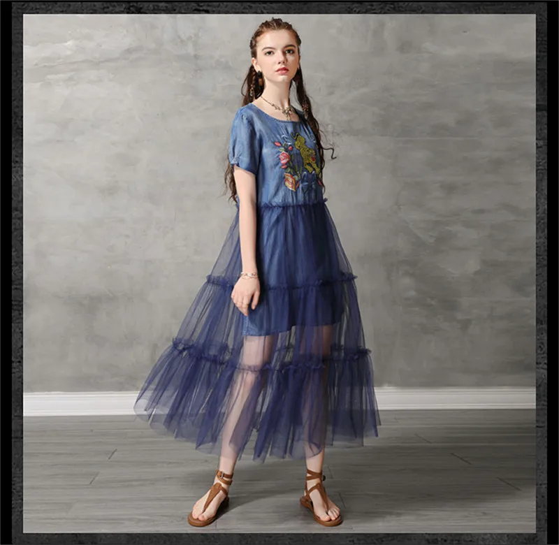 Summer Sexy Mesh Dress 2019 Vintage Women Denim Dresses Tiger Embroidery Chiffon Patchwork Vestido O-neck Dress KE82176 (6)