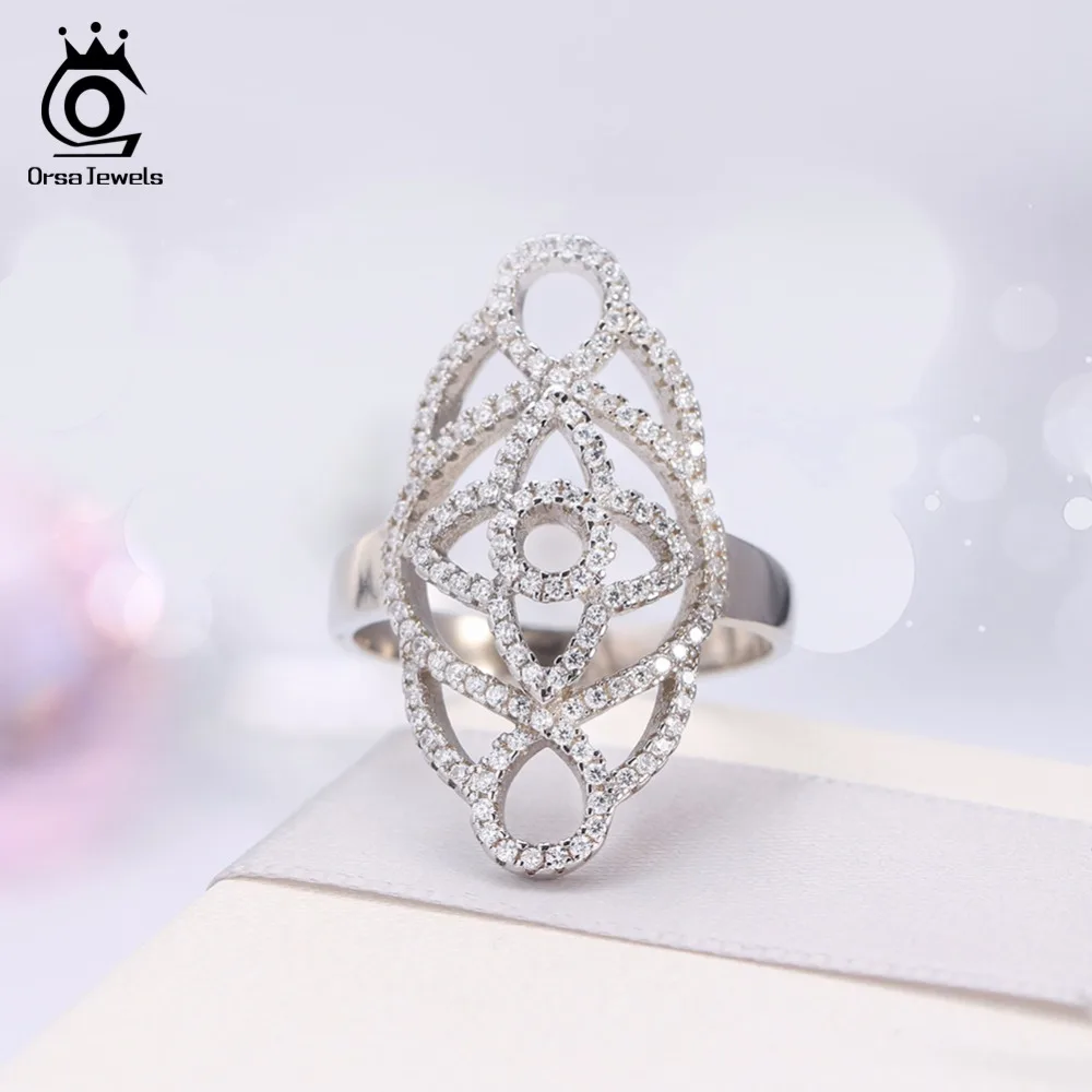 ORSA JEWELS Luxury Women Rings Unique Shape Wedding Band AAA Cubic Zircon Silver Color Engagement Ring For Female Jewelry AOR46
