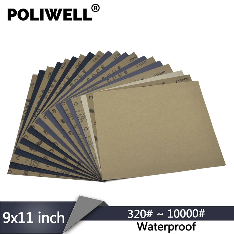 POLIWELL 1 шт. 9 "x 11" Водонепроницаемый шлифовальный лист абразивной бумаги 320 ~ 10000 Грит влажной/сухой для автомобильной шлифовальной мебели