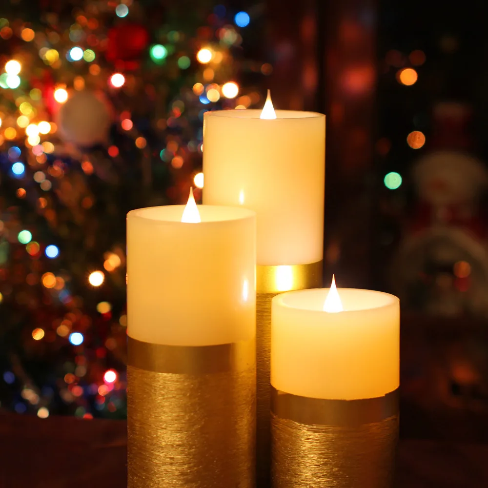 Set of 3 Dancing Flame Remote Control Led Pillar Candle With Timer,Gold
