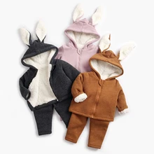 Осенне-зимние комплекты для маленьких мальчиков с добавлением шерсти толстовка с капюшоном с длинными рукавами и заячьими ушками+ брюки детская одежда Комплекты одежды для девочек