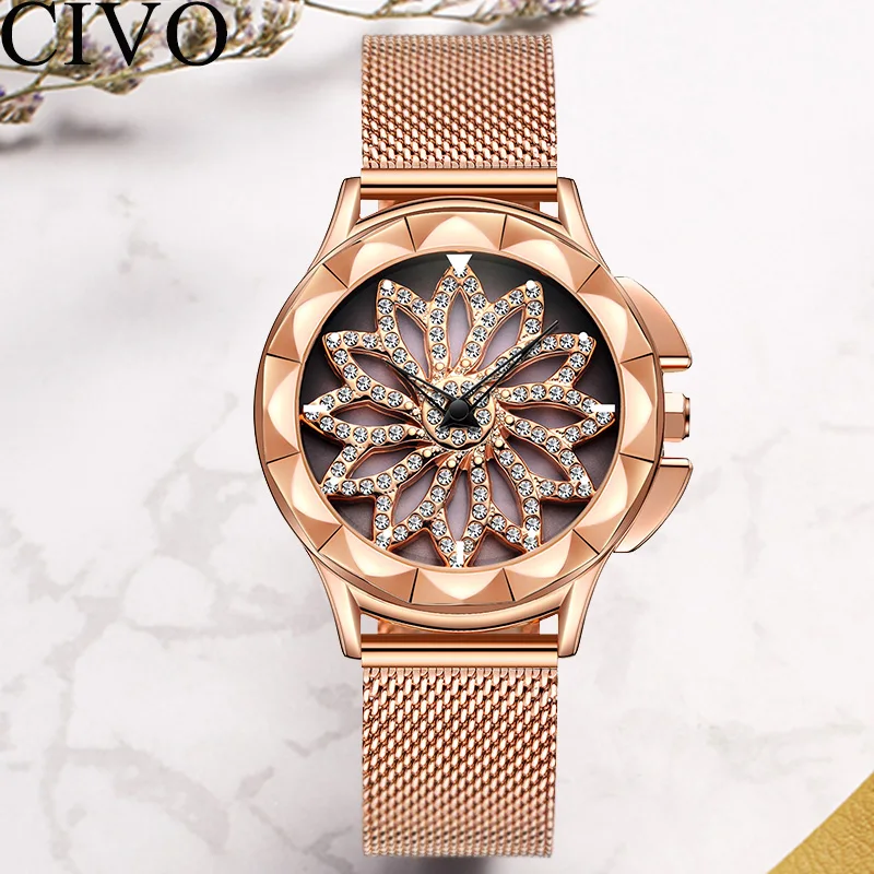 

CIVO Fashion Diamond Rotating Womens Watch Waterproof Mesh Strap Watches Rose Gold Montre Femme Analogue Clock Ladies' Gifts